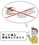 家屋や塀の倒壊に注意するよう事前の耐震診断について注意喚起する男性のイラスト