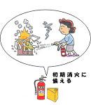初期火災に対応するための準備として消火器や水汲み用容器を準備しておくように促すイラスト