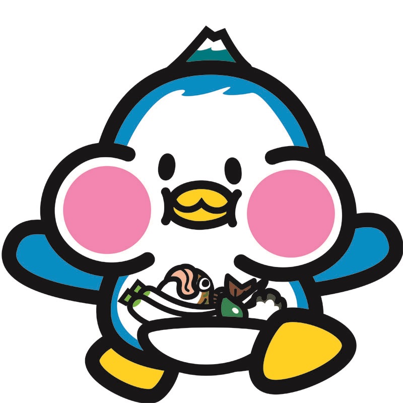 おなかのポケットに特産物が入っている、大きな頬をしたペンギンのようなキャラクターのイラスト