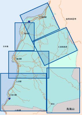 にかほ市道路網図の箇所を青色の枠で示した地図 詳細は以下