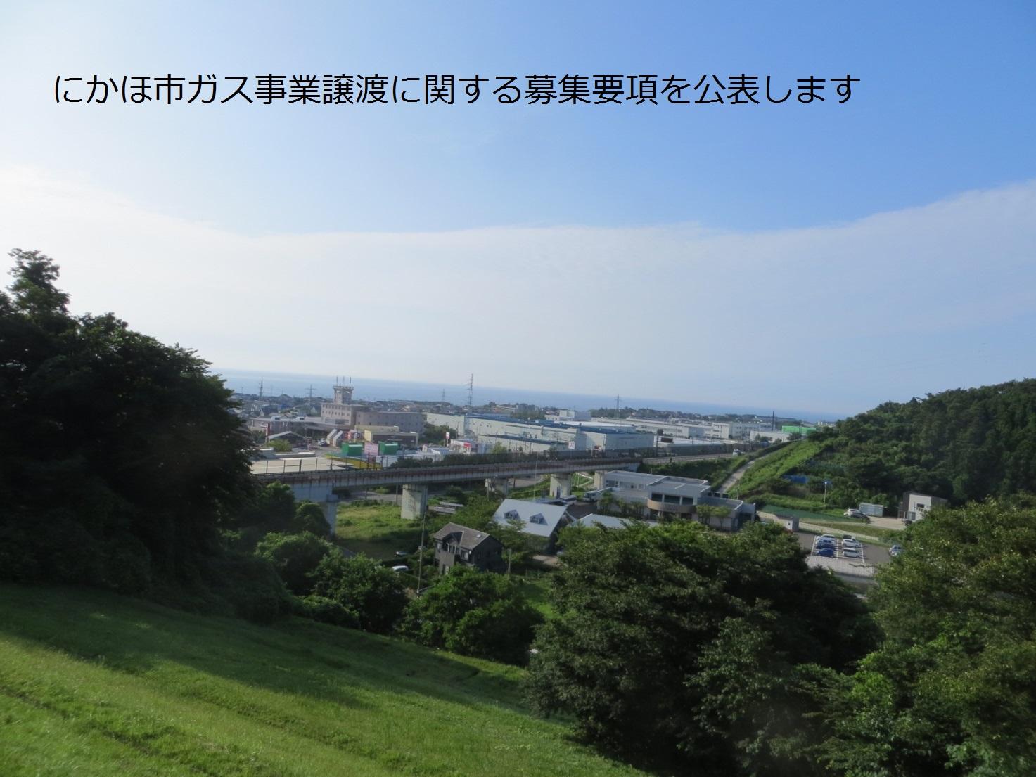 遠くに海が見える緑の多い丘から撮影した街並みの写真