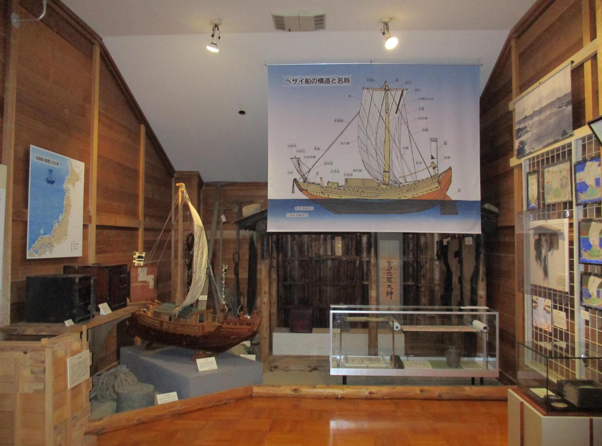 模型や説明図などの北前船関係文化財が展示されている写真