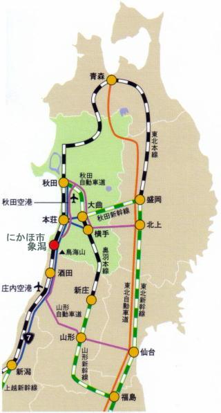 にかほ市へのアクセス方法を示した東北地方の地図
